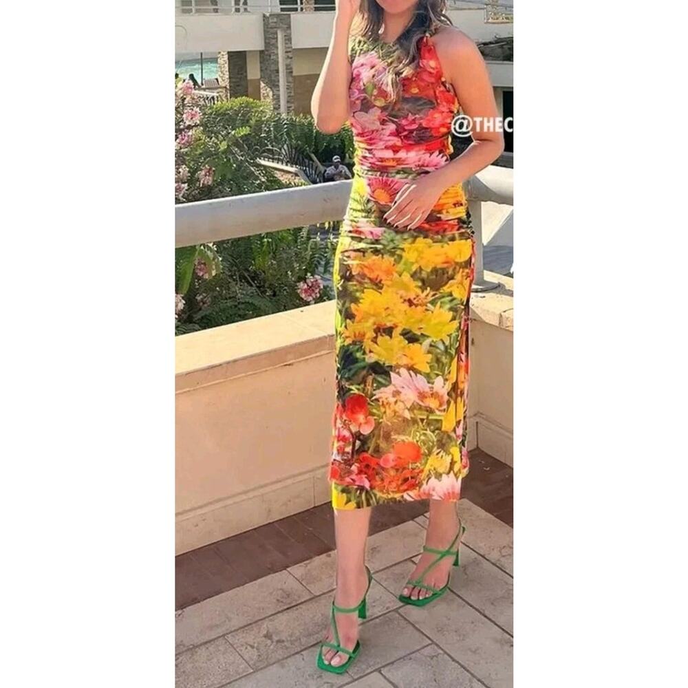 ZARA Bloggers Fave Flower Print Stretch Ruched Side Bodycon Midi Dress Small New